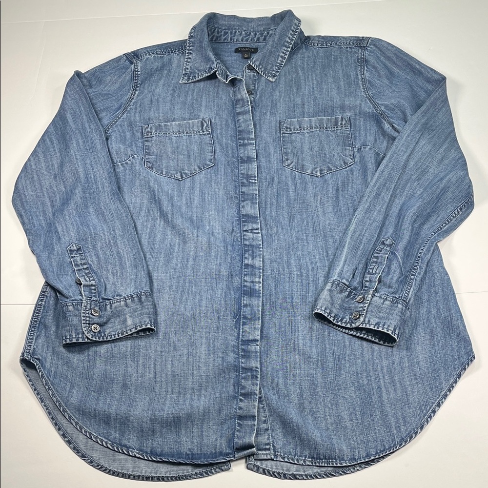 Talbots Denim Long Sleeve Button-Up Curved Hem Shirt Sz L